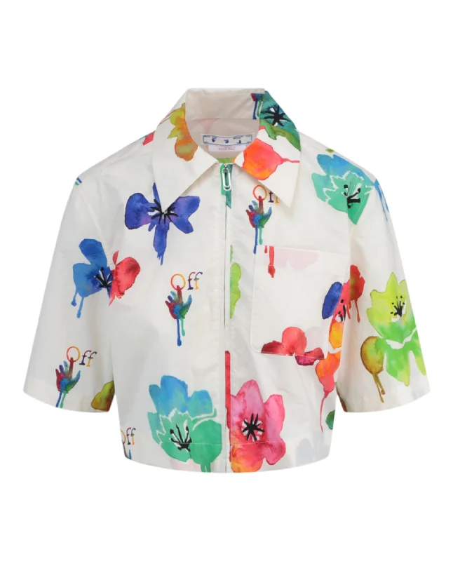 Floral Pop Zip Crop Short Sleeve Shirt Pastel Styles