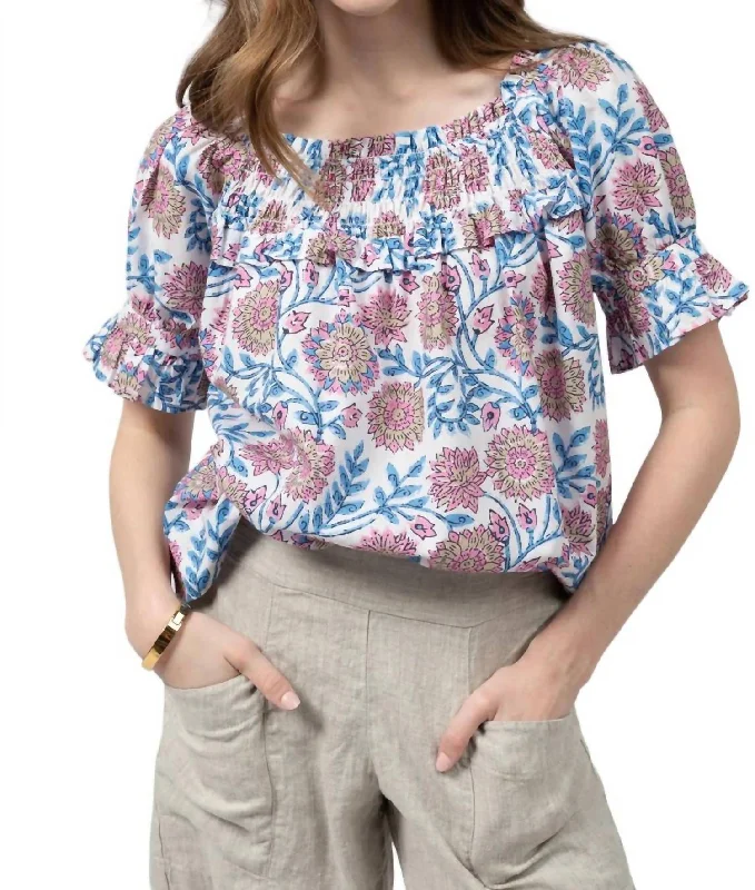 Floral Print Cotton Puff Sleeve Top In White/blue/pink Stay Ahead In Style