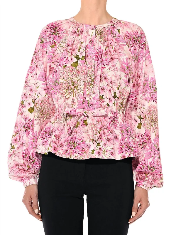 Floral Print Poplin Top In Pink Premium Quality Garments