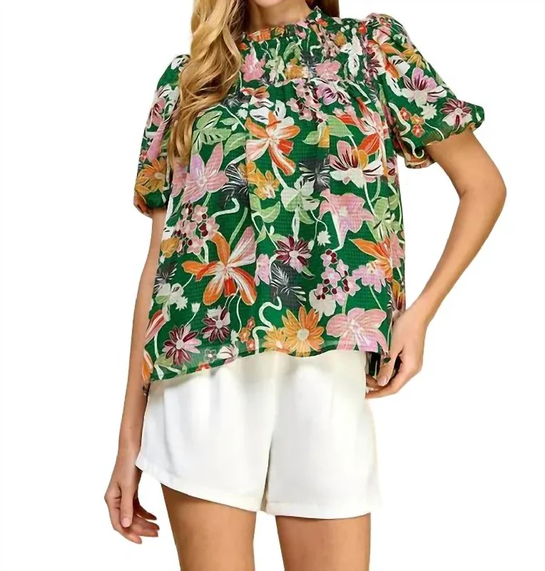 Floral Print Puff Sleeve Top In Green Shop Sale Items