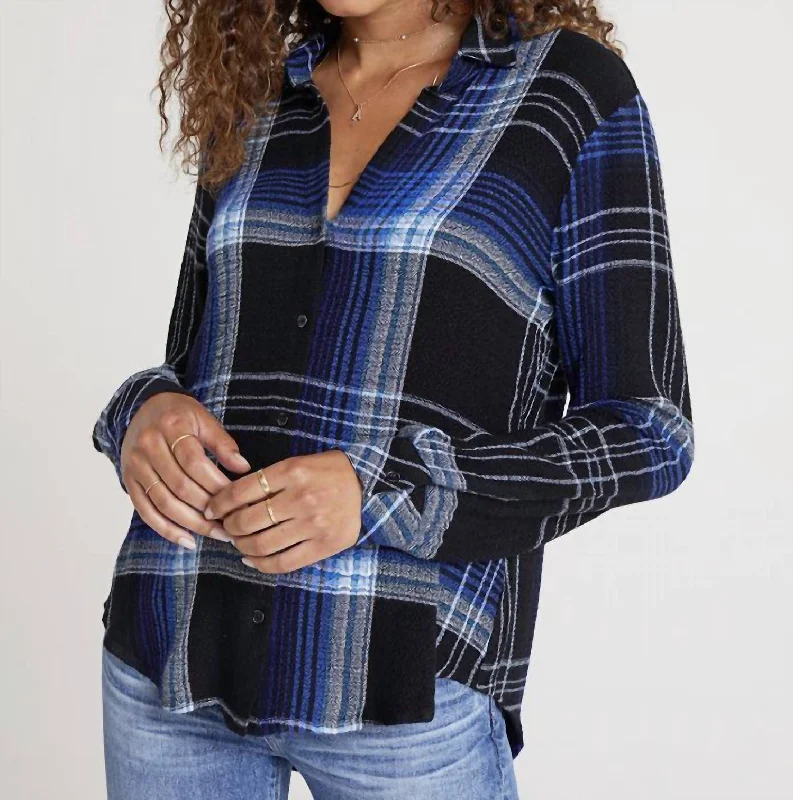 Flowy Button Down Cobalt Plaid Budget Friendly