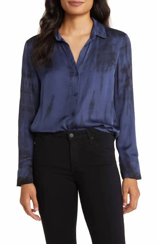 Flowy Button Down Shirt In Blue Alligator Dye Clearance Sale, All Cheap