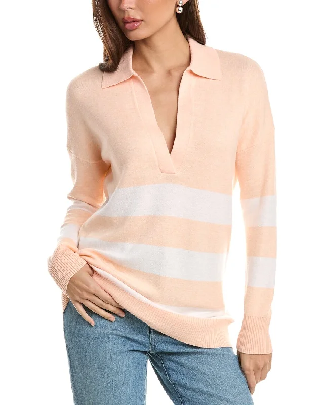 Forte Cashmere Stripe Split Neck Polo Cashmere-Blend Sweater Buy More, Save More