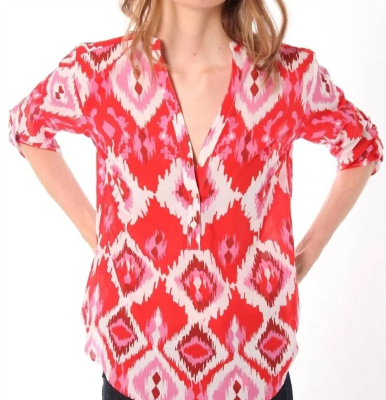 Francina Top Blouse In Pink & Red Ikat Hot Picks