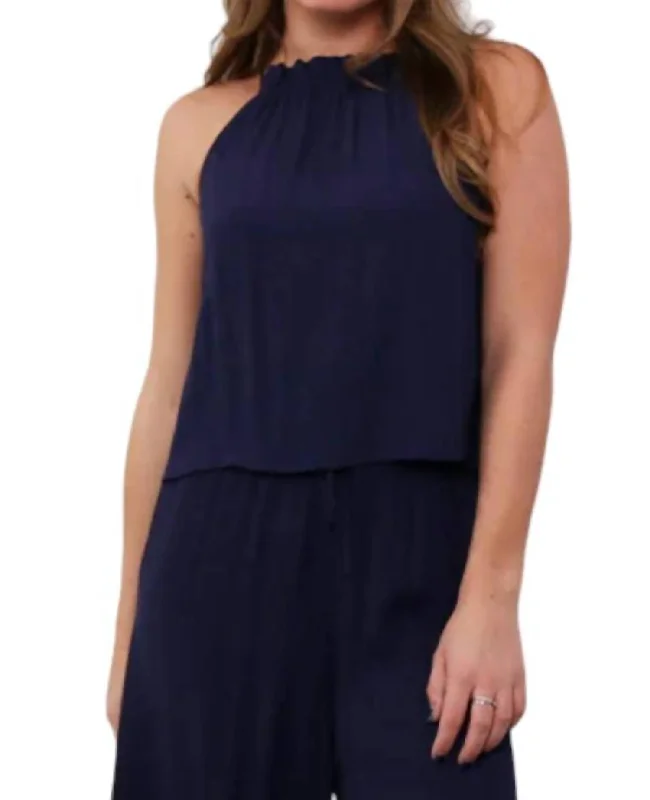 Gathered Halter Neck Top In Navy Luxury Fashion