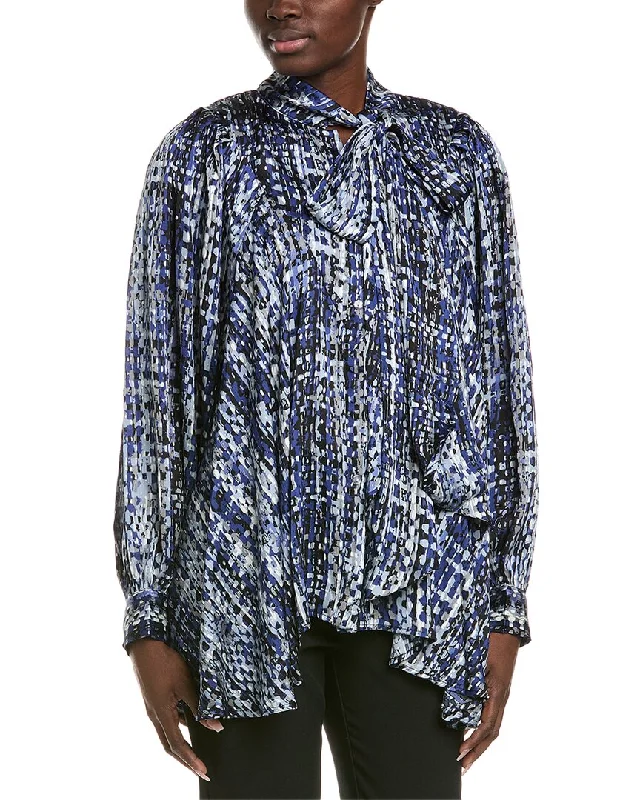 Gracia Geometric Print Satin Tie-Neck Loose Fit Blouse Flowy Fabric