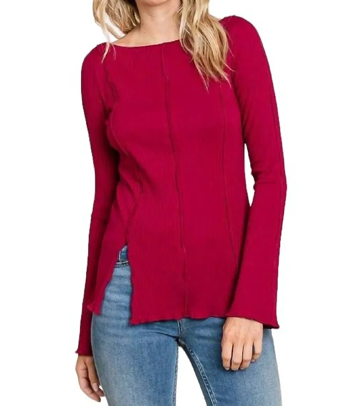 Helena Flared Sleeve Split Hem Top In Magenta Chic And Trendy