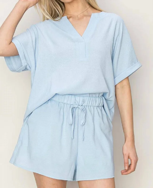 Henley Top And Short Two Piece Set In Light Blue Comfortable Chic