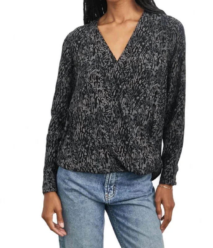 Hillary Animal Print Long Sleeve Blouse In Charcoal Trendy Clothing Sale