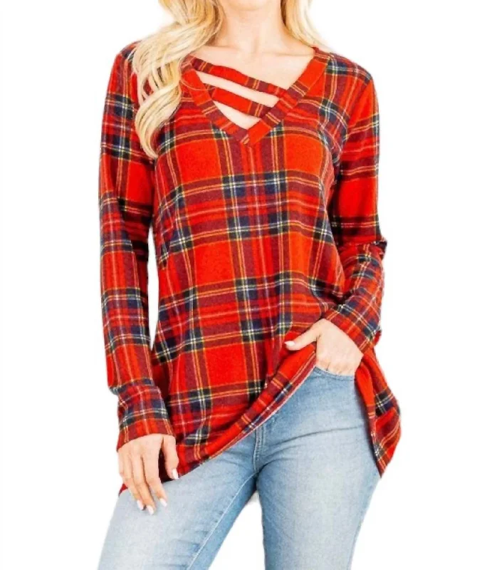 Holiday Plaid Criss Cross Top In Red Huge Price Cut