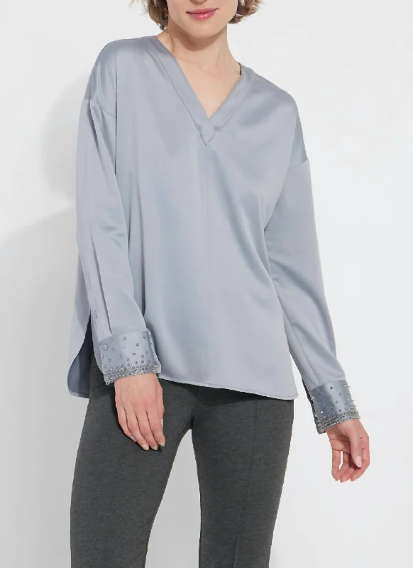 Icyln Beaded Satin Top In Blue Fog Chic & Cozy Collection