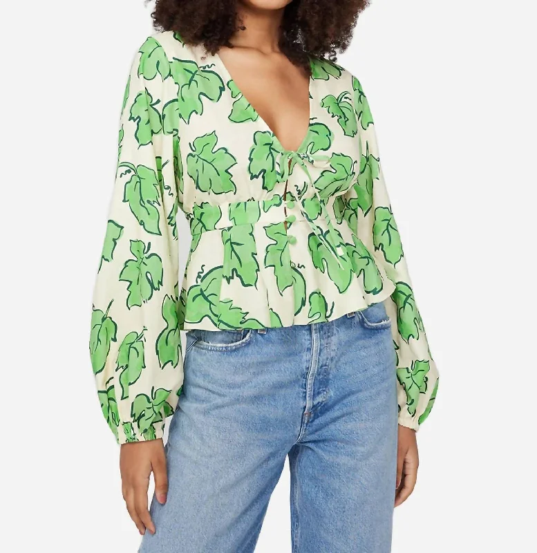 Irene Top In Green Vine Leaf Print Flash Deals