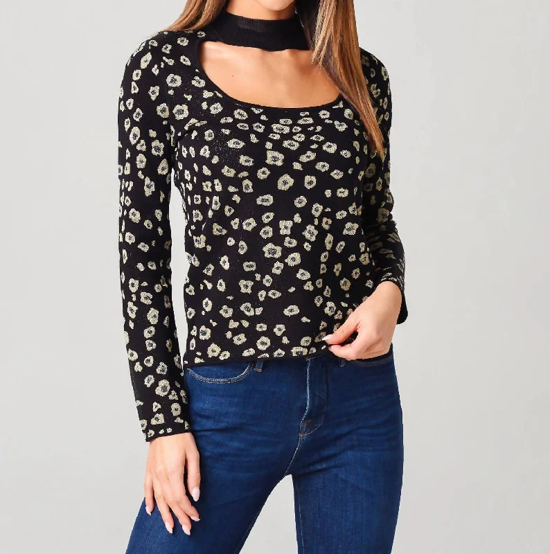 Jacquard Cutout Mockneck Top In Black Multi Premium Quality Garments