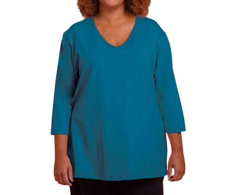 Jersey 3/4 Sleeve V-Neck Tee - Plus In Deep Sea The Latest Fashion Trends