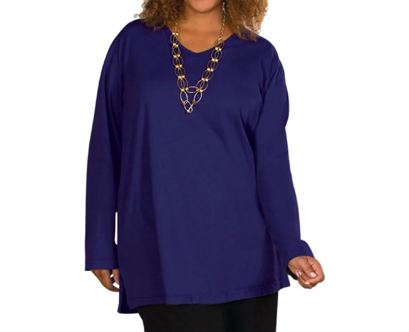 Jersey Long Sleeve V-Neck Tee - Plus In Blueberry Seasonal Clearance