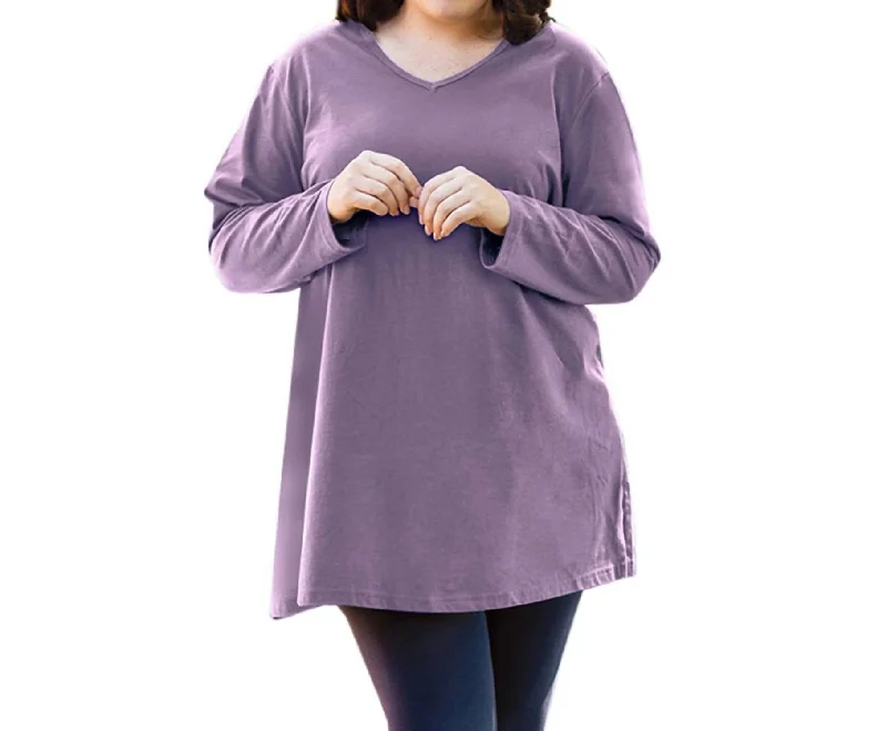 Jersey V-Neck Long Sleeve Tunic - Plus In Dusty Lavender Casual Chic