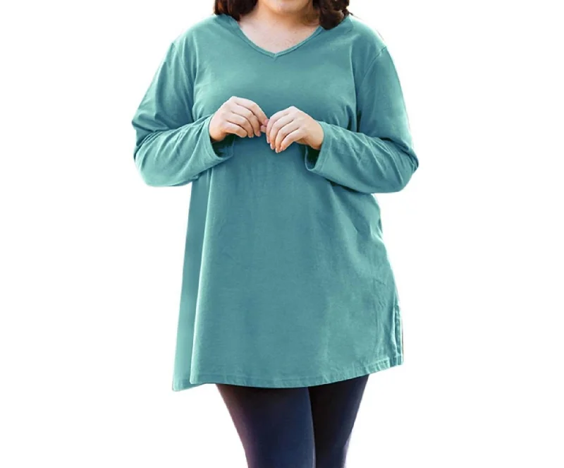 Jersey V-Neck Long Sleeve Tunic - Plus In Emerald Green Flowing Silhouette