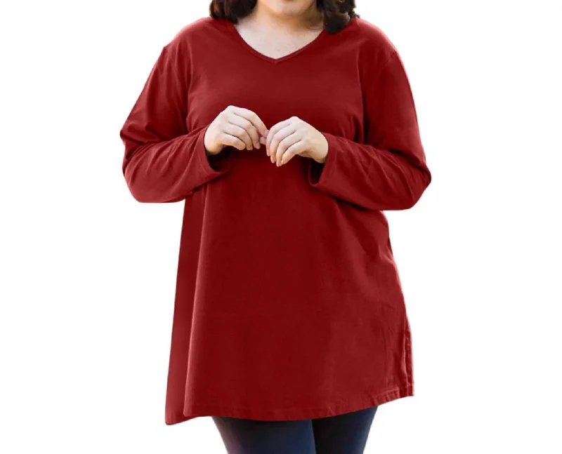 Jersey V-Neck Long Sleeve Tunic - Plus In Red Modern Women's Fashion