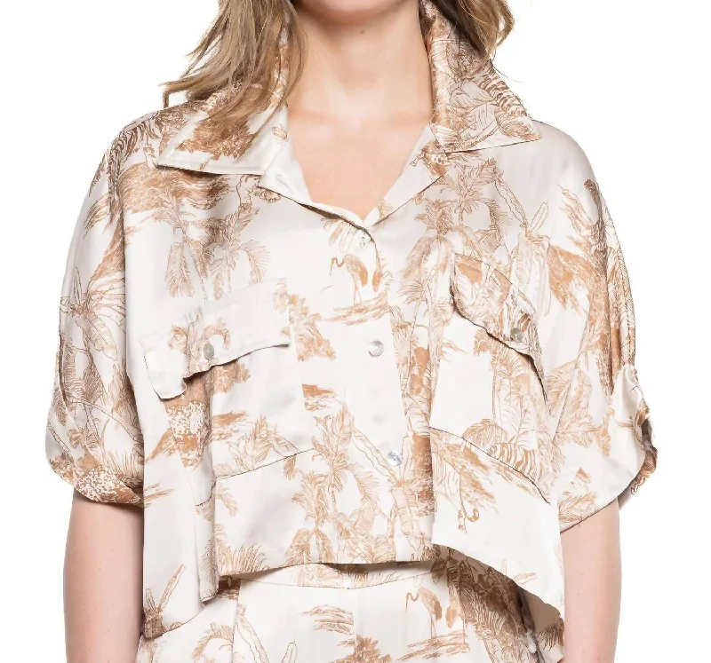 Jungle Print Short Sleeve Button Up Crop Top In Cream/tan Explore What's New