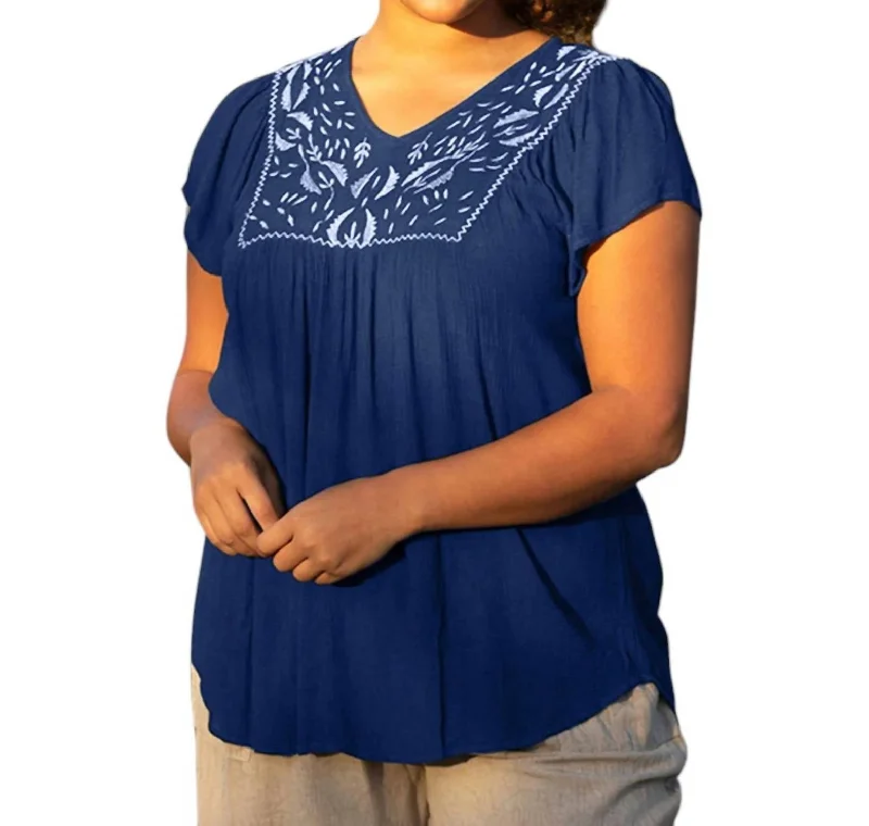 Karla Embroidered Blouse - Plus In Navy Trendy Styles