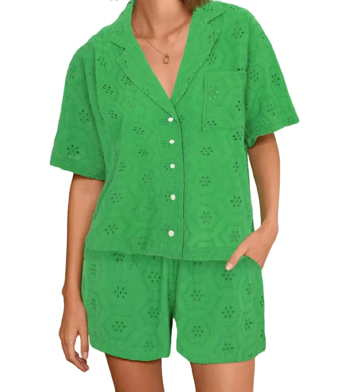 Konnie Eyelet Button Down Shirt In Green Gorgeous Glamour Collection