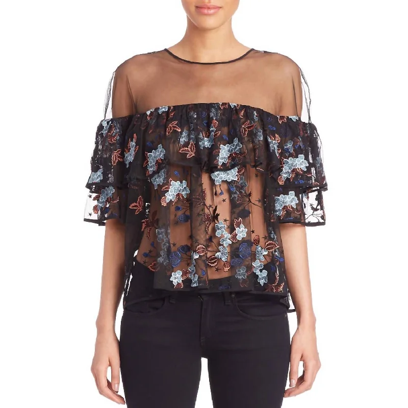 Korus Caspian Ruffle Sheer Top In Black Explore What's New