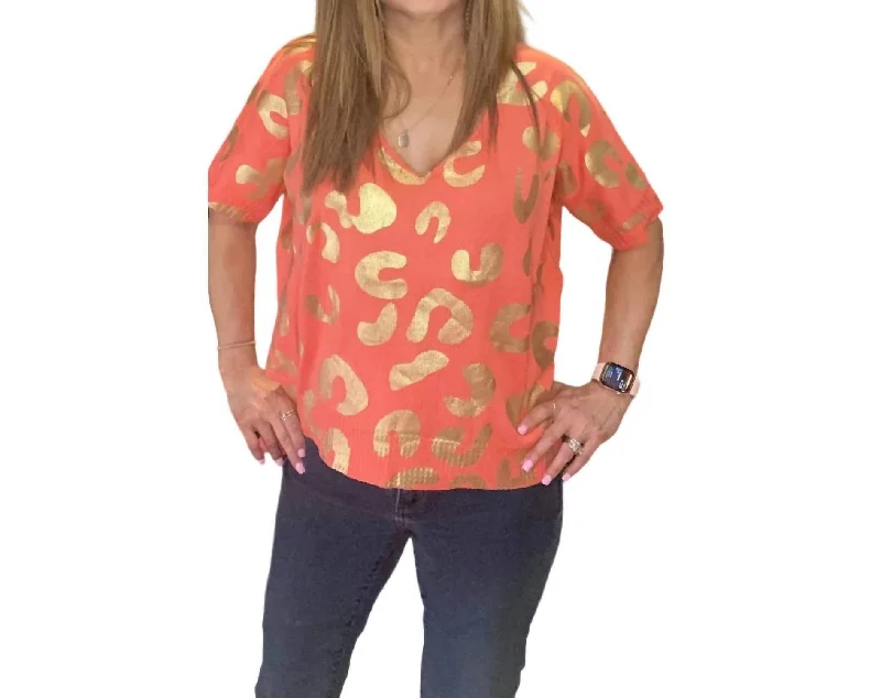 Leopard Printed Knitted Top In Coral/gold Designer Wear On Sale