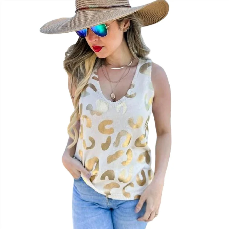 Leopard Printed Sleeveless V Neck Knitted Top In Cream/gold Massive Selection Sale