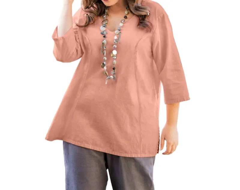 Linen 3/4 Sleeve V-Neck Top - Plus In Blush Pink Sleek Design