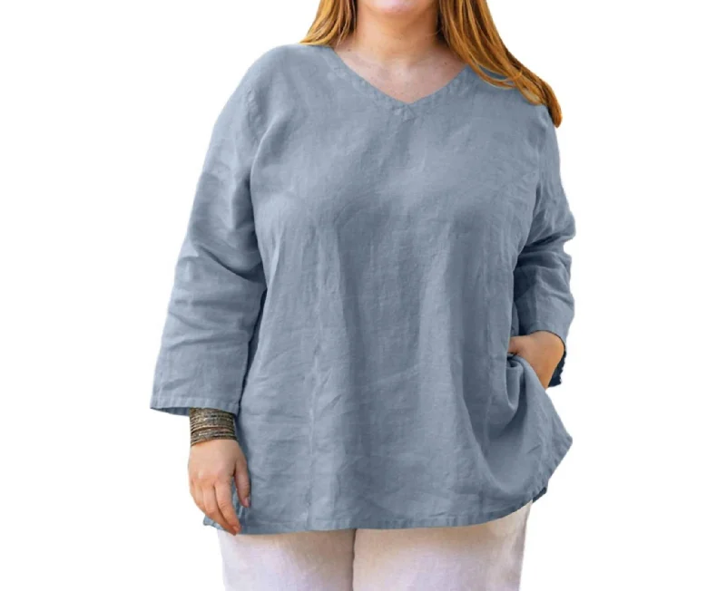 Linen 3/4 Sleeve V-Neck Top - Plus In Cerulean Blue Sophisticated Fashion