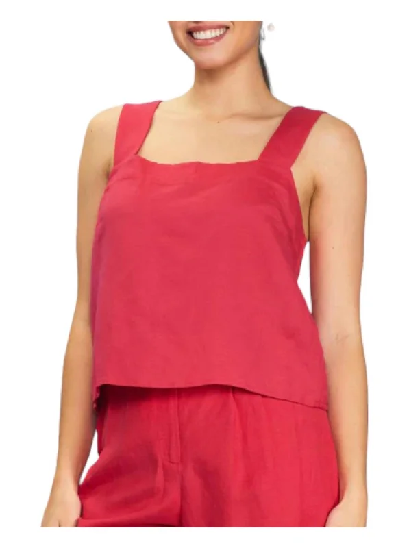 Linen Blend Square Neck Top In Cherry Today Only