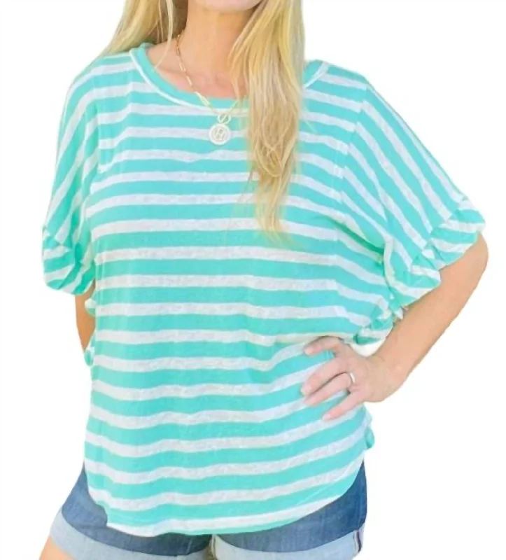 Linen Blend Stripe Knit Top In Emerald Odd Size Clearance Sale