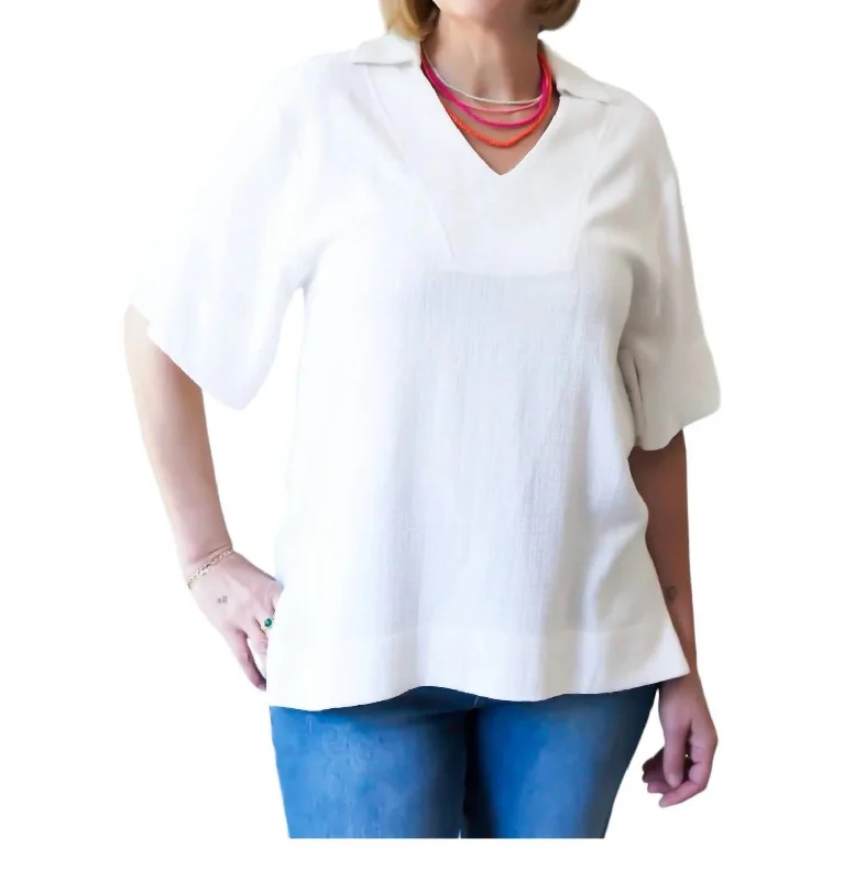 Linen Collared Top In Ivory Summer Splash Sale