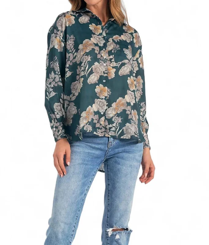 Long Sleeve Button Down Shirt In Green Floral Colorful Clothing