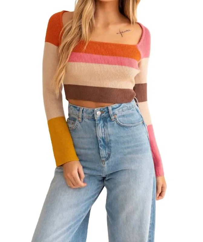 Long Sleeve Color Block Stripe Knit Top In Rust Multi Feminine Charm