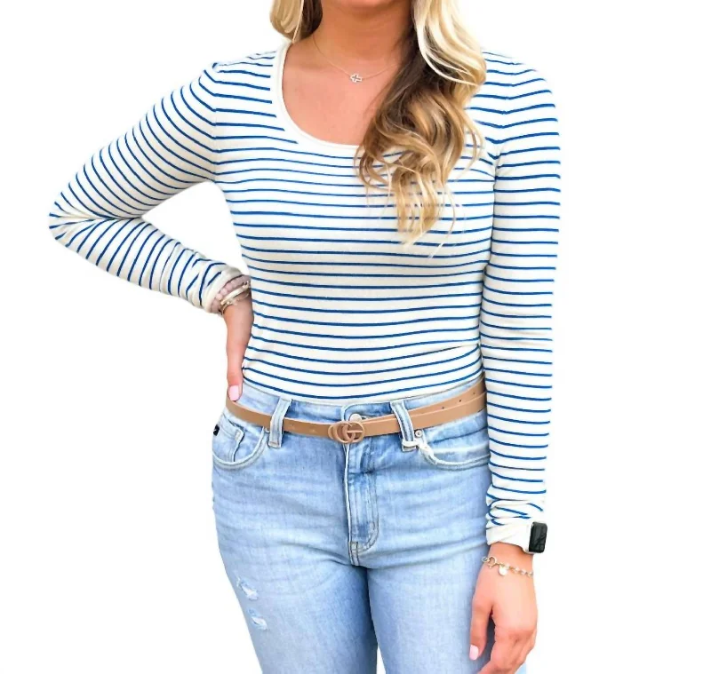 Long Sleeve Knit Top In Blue/cream Effortless Grace