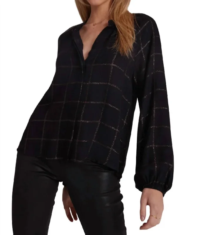 Long Sleeve Shirred Raglan Top In Copper Shine Plaid Stylish Spring Fashion