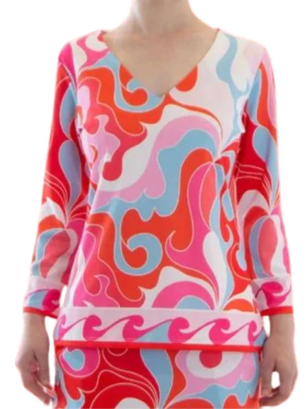 Long Sleeve V Neck Top In Pink, Orange Hot Styles