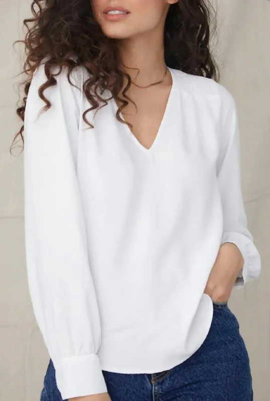 Long Sleeve V Neck Top In White Budget Friendly