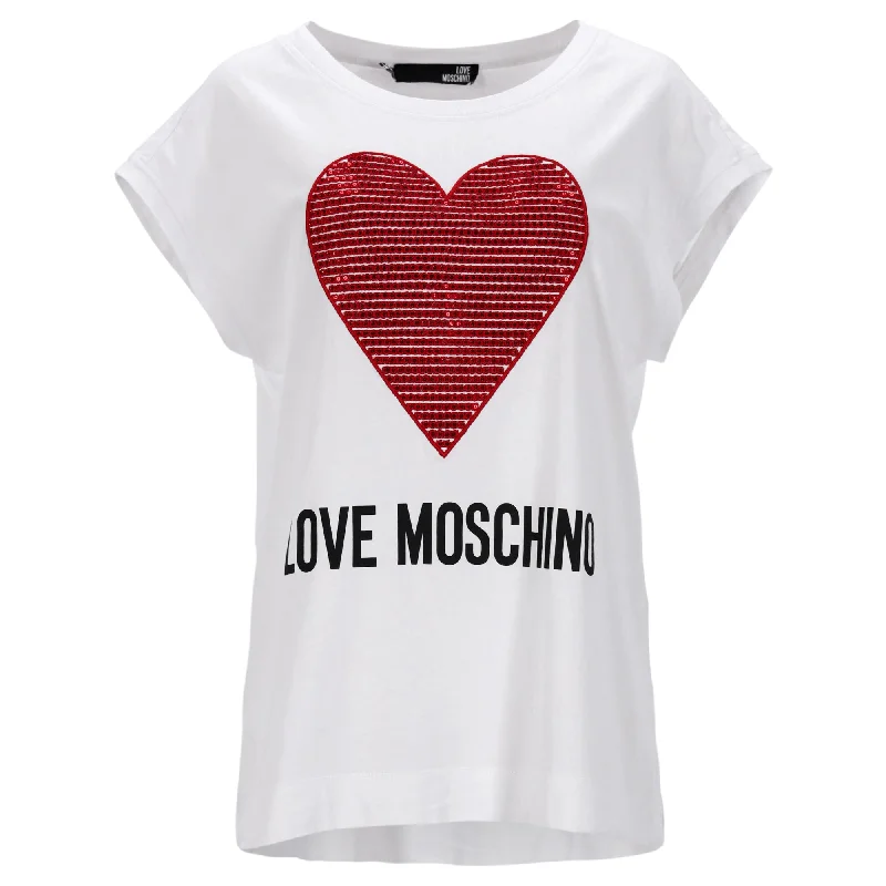 Love Moschino Heart Detail T-Shirt in White Cotton Romantic Date - Night Ensemble