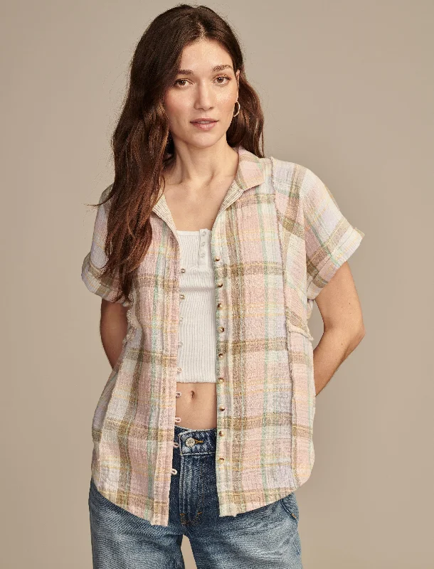 Lucky Brand Women's Plaid Short Sleeve Beach Shirt Limited Styles