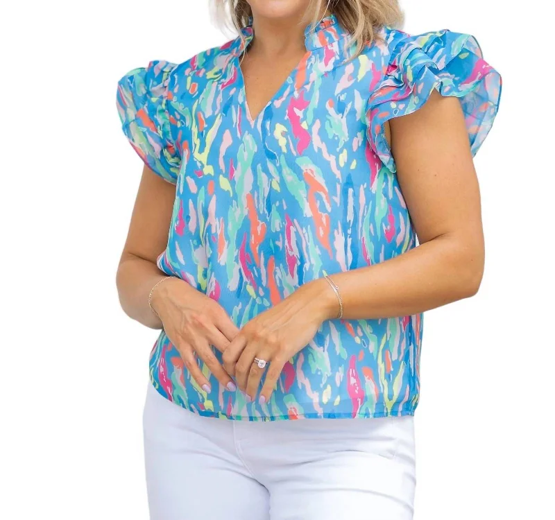 Marley Ruffle Sleeve Top In Blue Fashion Deal