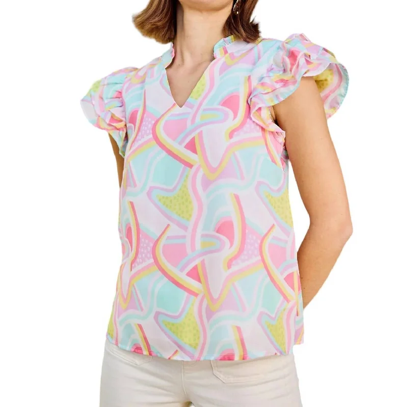 Marley Ruffle Sleeve Top In Pink Hot Trends