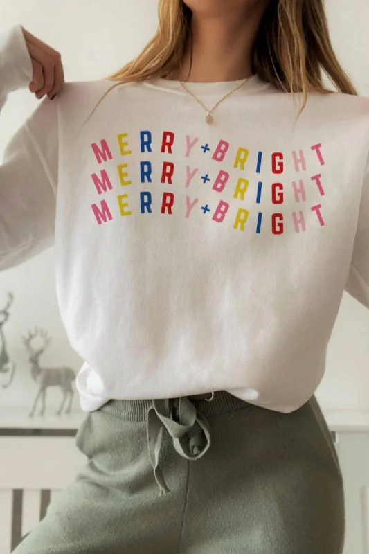 Merry And Bright Crewneck Sweatshirt In White, Red, Blue, Yellow, Pink Fashion Forward Outfits