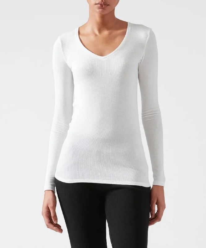 Micro Modal Rib V-Neck Tee Top In White Wht Sleek Design