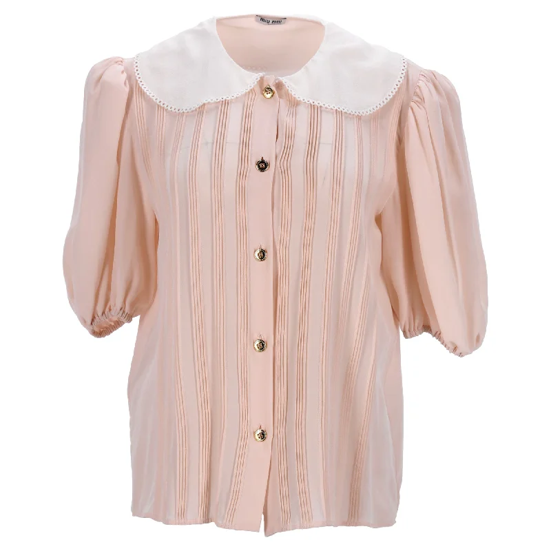 Miu Miu Pleated Peter Pan Collar Shirt in Peach Silk Crepe Graceful Movement