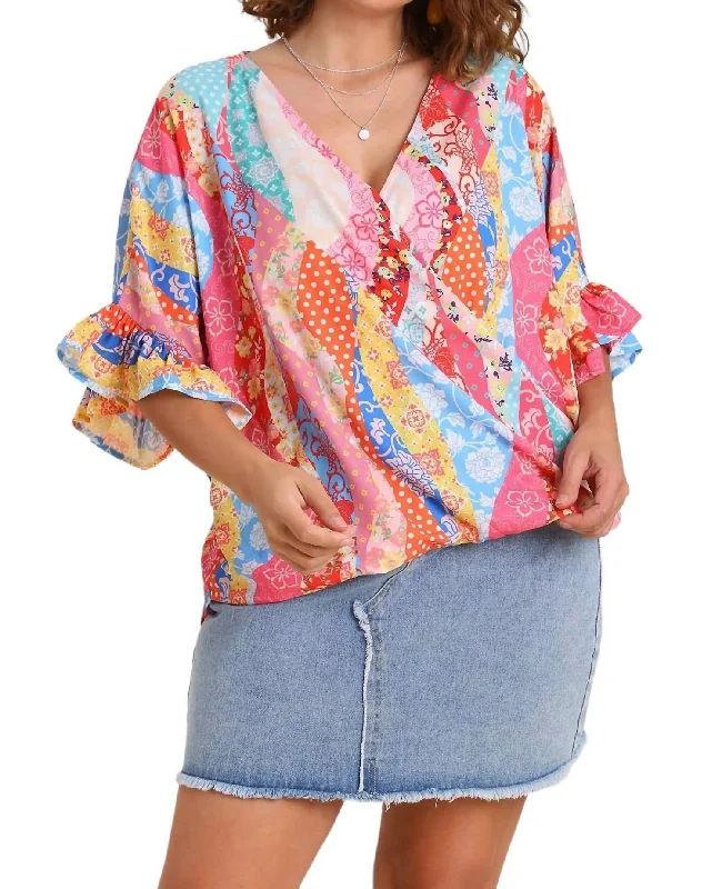 Mixed Print Top With Ruffle Sleeves Plus Size In Coral Mix Plus Daily Essentials