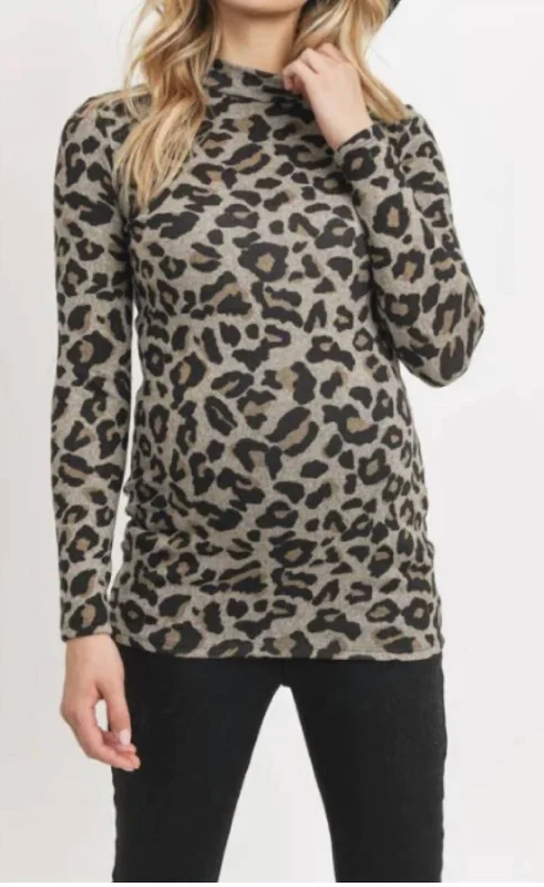 Mock Neck Leopard Print Maternity Knit Top In Tan Massive Selection Sale