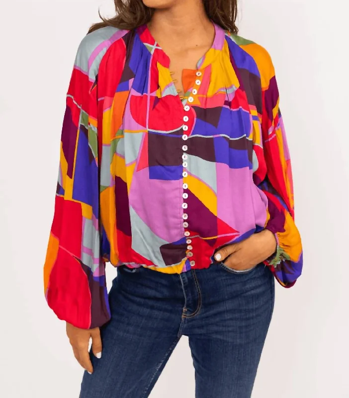 Mosaic Button Up Vneck Top In Multicolor Subtle Sophistication