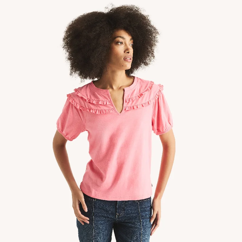 Nautica Womens Ruffle-Neck Top Big Savings